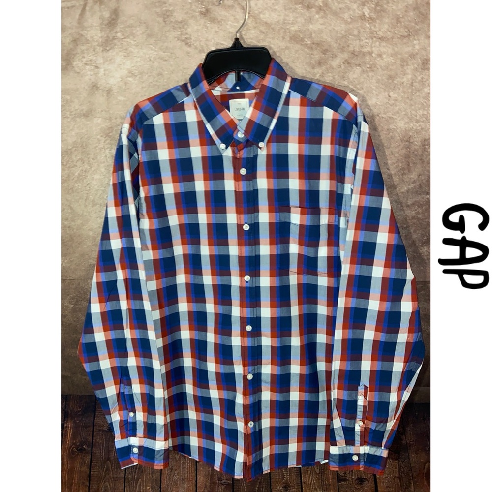 Gap-Lived in men’s LS button down shirt-size XL-100% cotton-Red/white/blue-EUC
